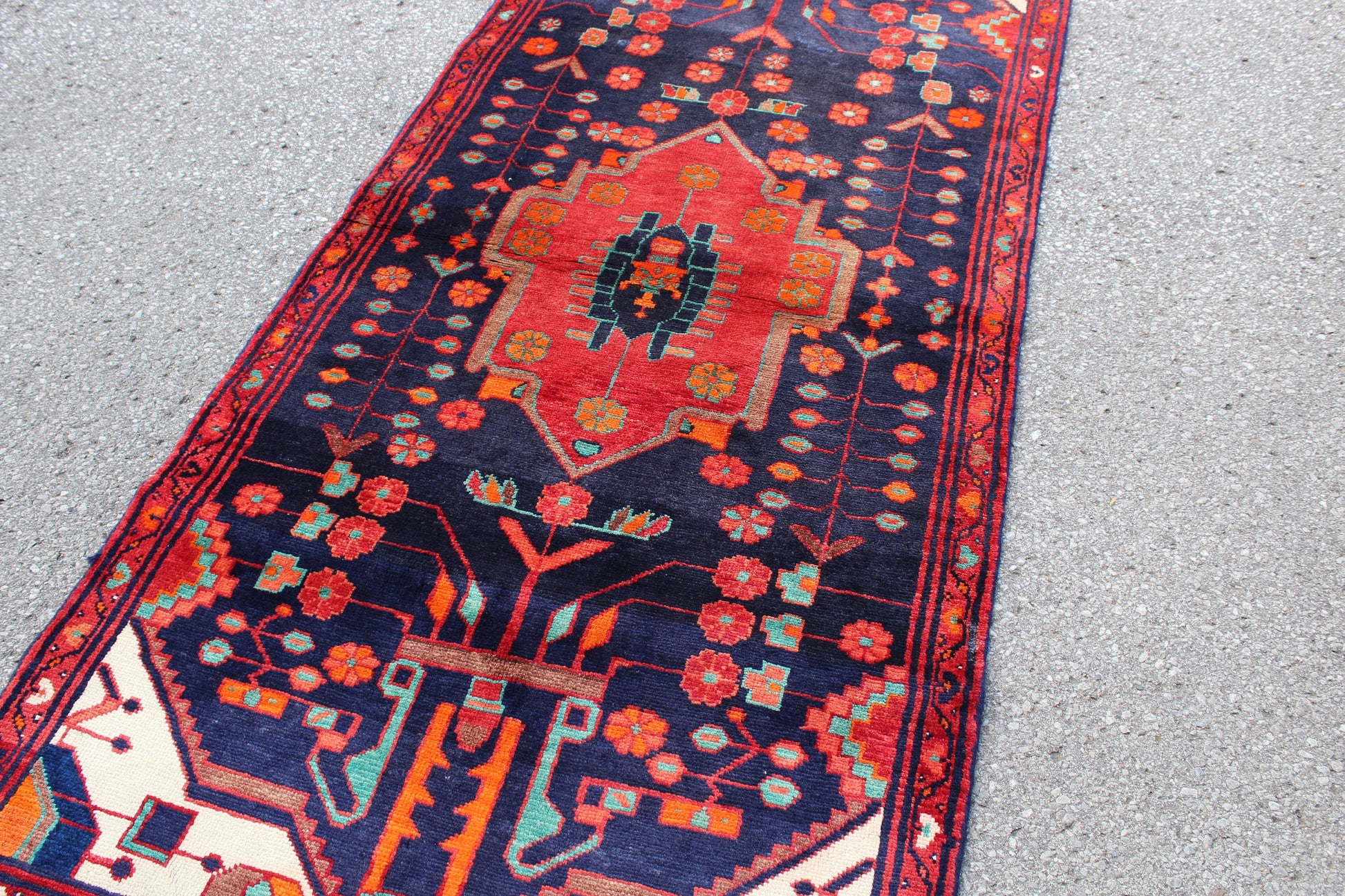 Navy Blue 3x 11 Rug with Red Medallion & Border | Vintage Hand Knotted