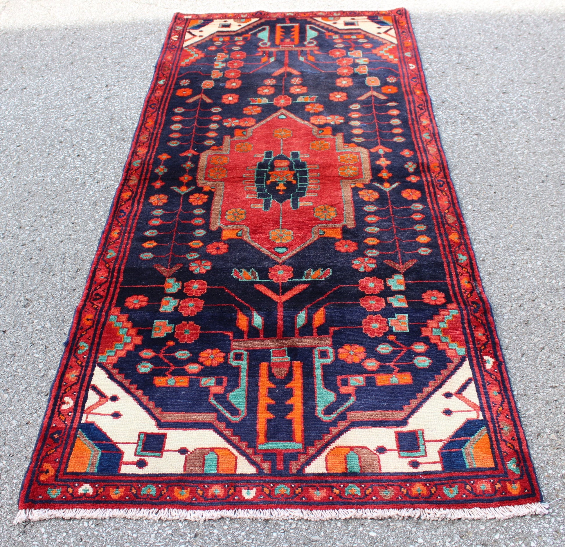 Navy Blue 3x 11 Rug with Red Medallion & Border | Vintage Hand Knotted