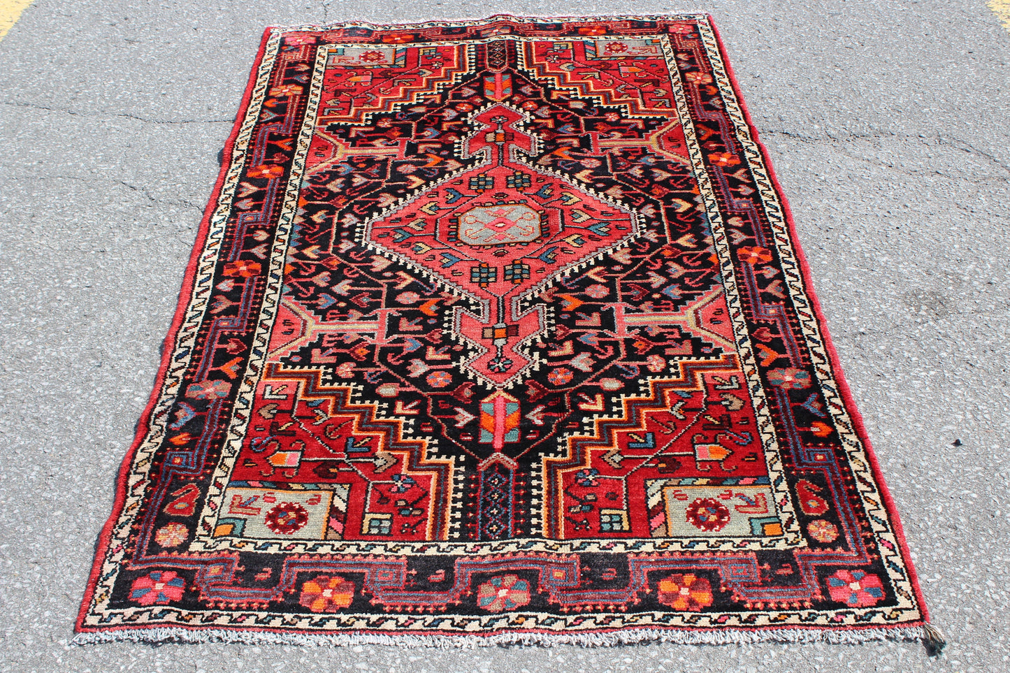 Black Red 4x7  Vintage Rug | Tribal Oriental Persian Rug | Kazak Bohemian Rug | Handmade Rug