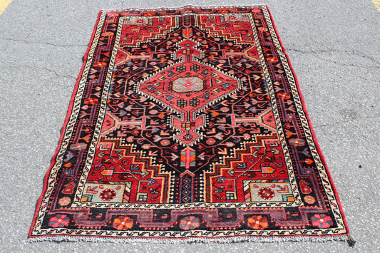 Black Red 4x7  Vintage Rug | Tribal Oriental Persian Rug | Kazak Bohemian Rug | Handmade Rug