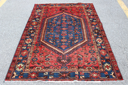 Red Blue 4x6 Vintage Rug | Tribal Oriental Persian Rug | Kazak Bohemian Rug | Handmade Rug6