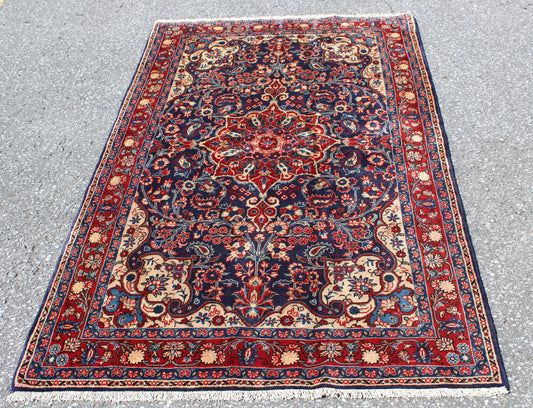 Navy Blue 4x6 Oriental Persian Rug with Red Border