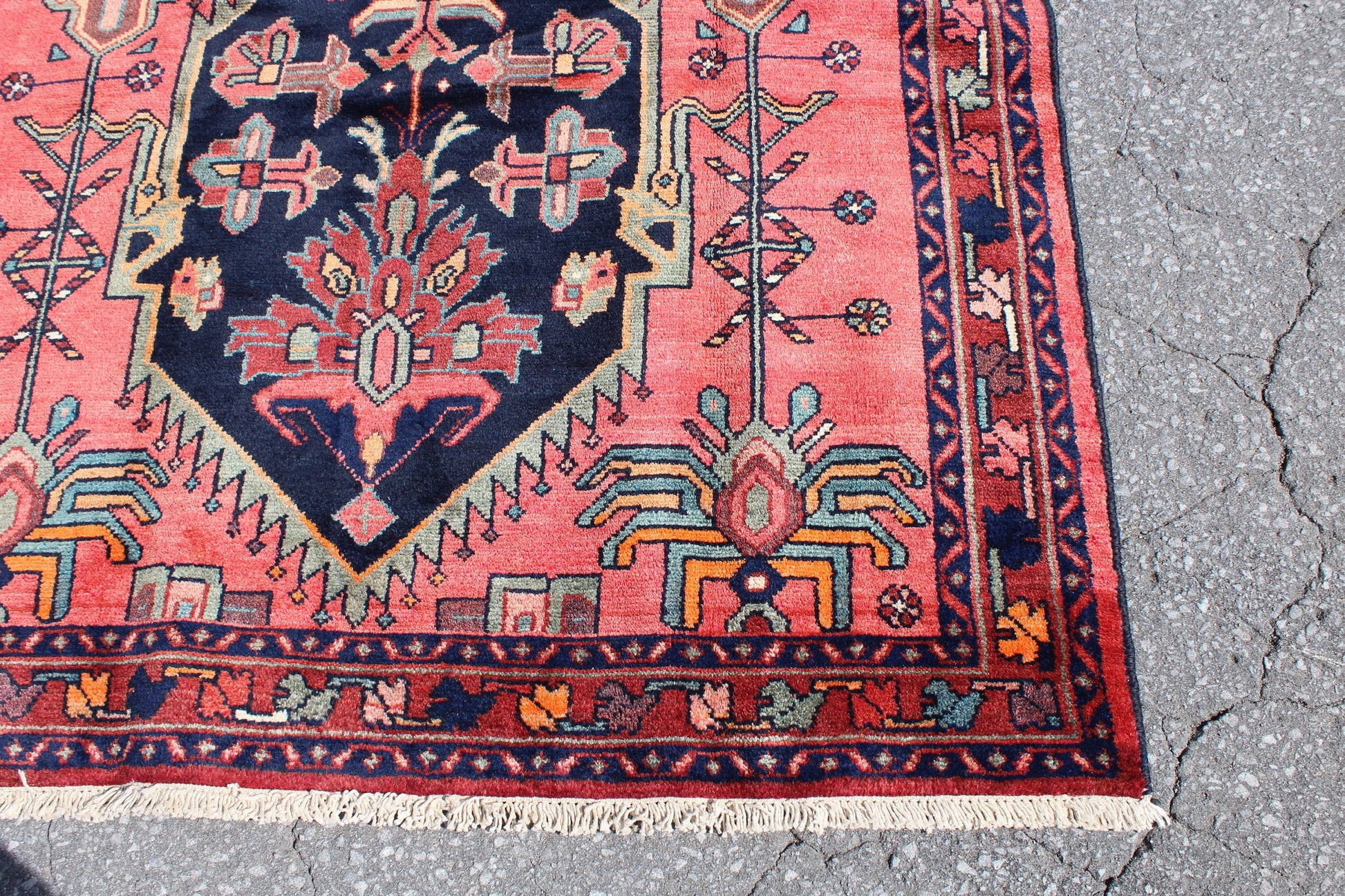 Pink Vintage 4x7 Rug with Navy Blue Medallion Light Green Accents