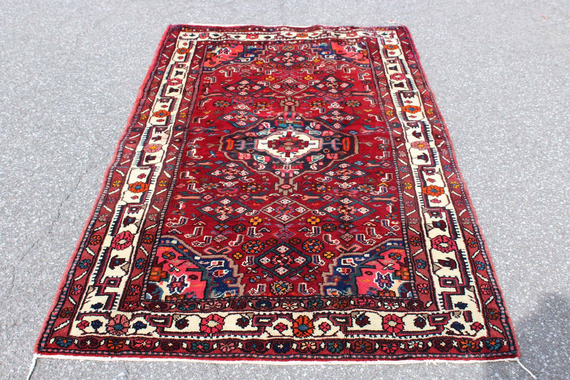 Red White 5x7 Vintage Hand Knotted Rug