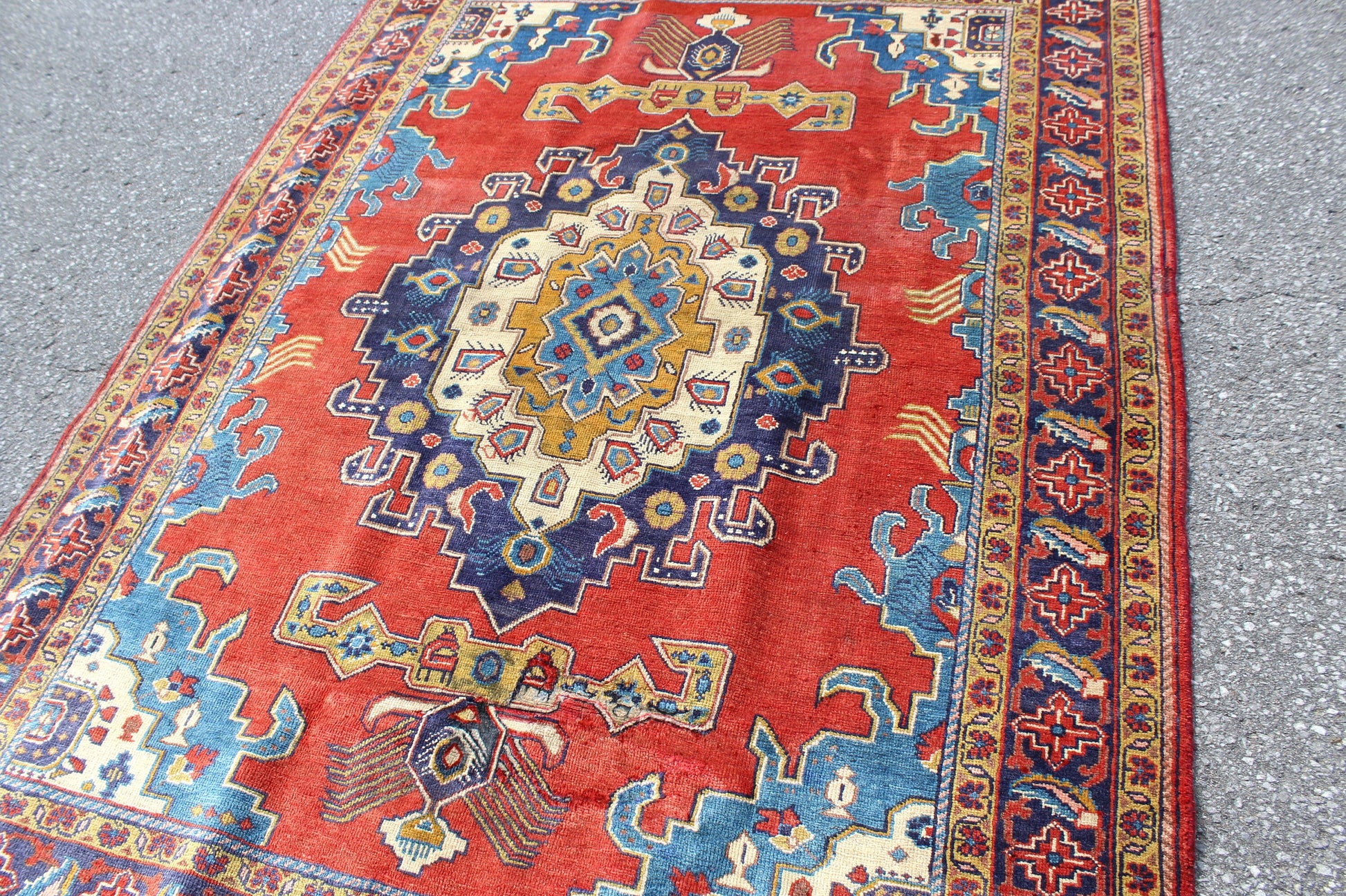 Red Blue 5x7 Vintage Tribal One of a Kind Rug