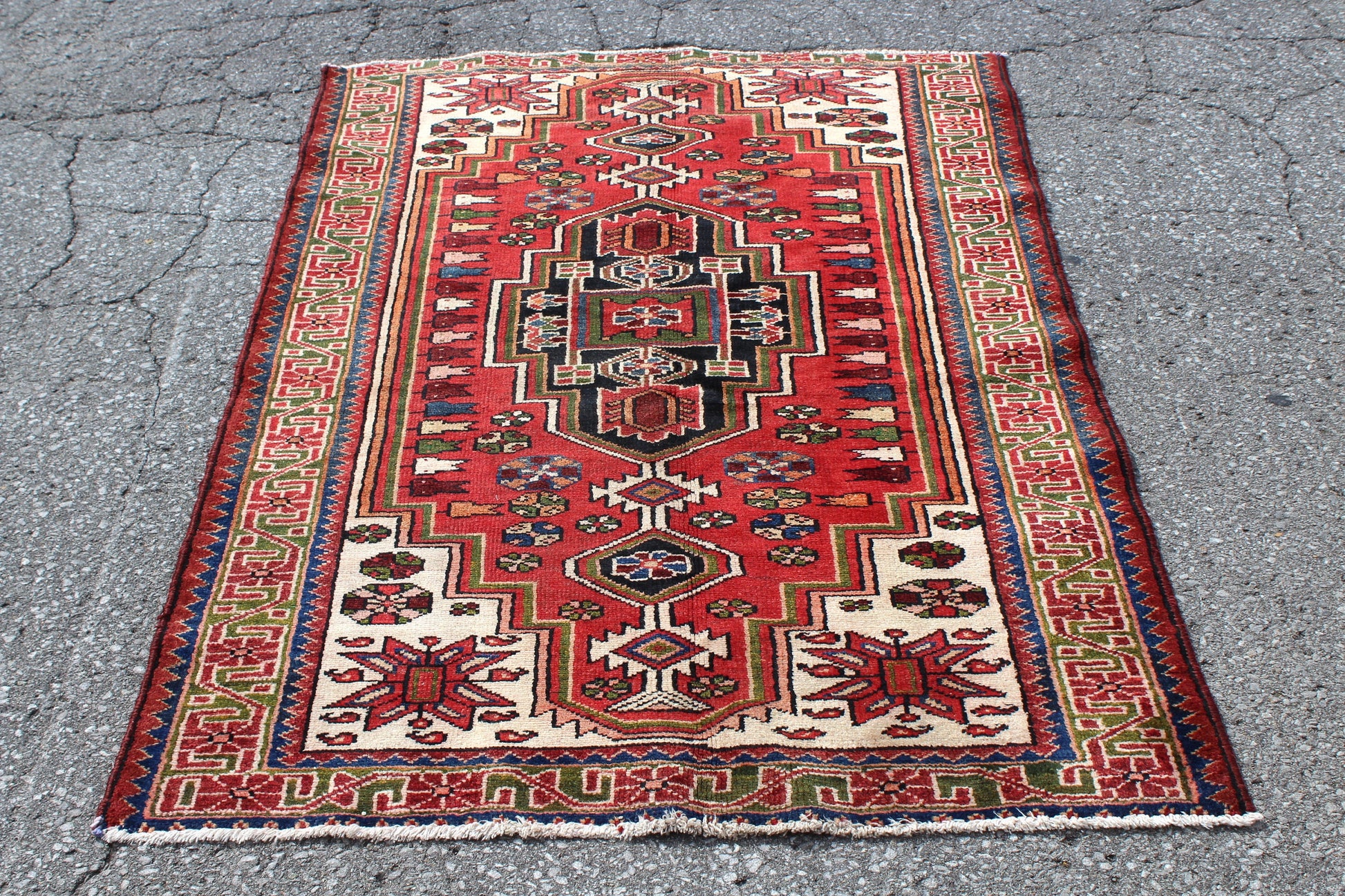 Red White 4x5 Vintage Hand Knotted Rug