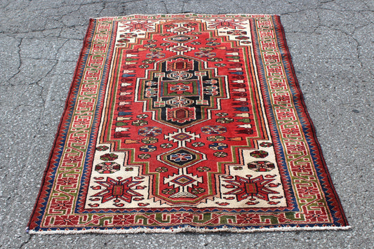 Red White 4x5 Vintage Hand Knotted Rug