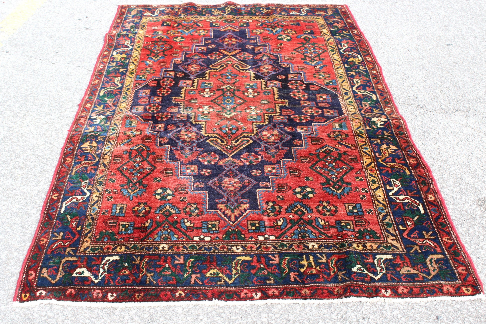 Bold Red Blue 4x7 Vintage One of a Kind Persian Style Area Rug