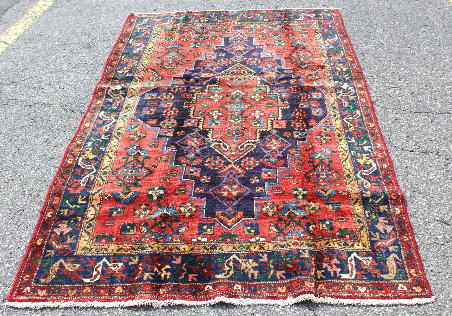 Bold Red Blue 4x7 Vintage One of a Kind Persian Style Area Rug