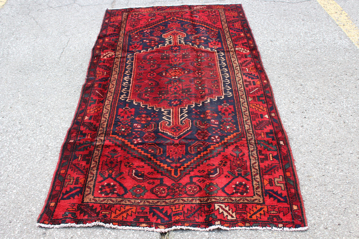 Bright Red Navy Hand Knotted Vintage Persian Tribal Rug