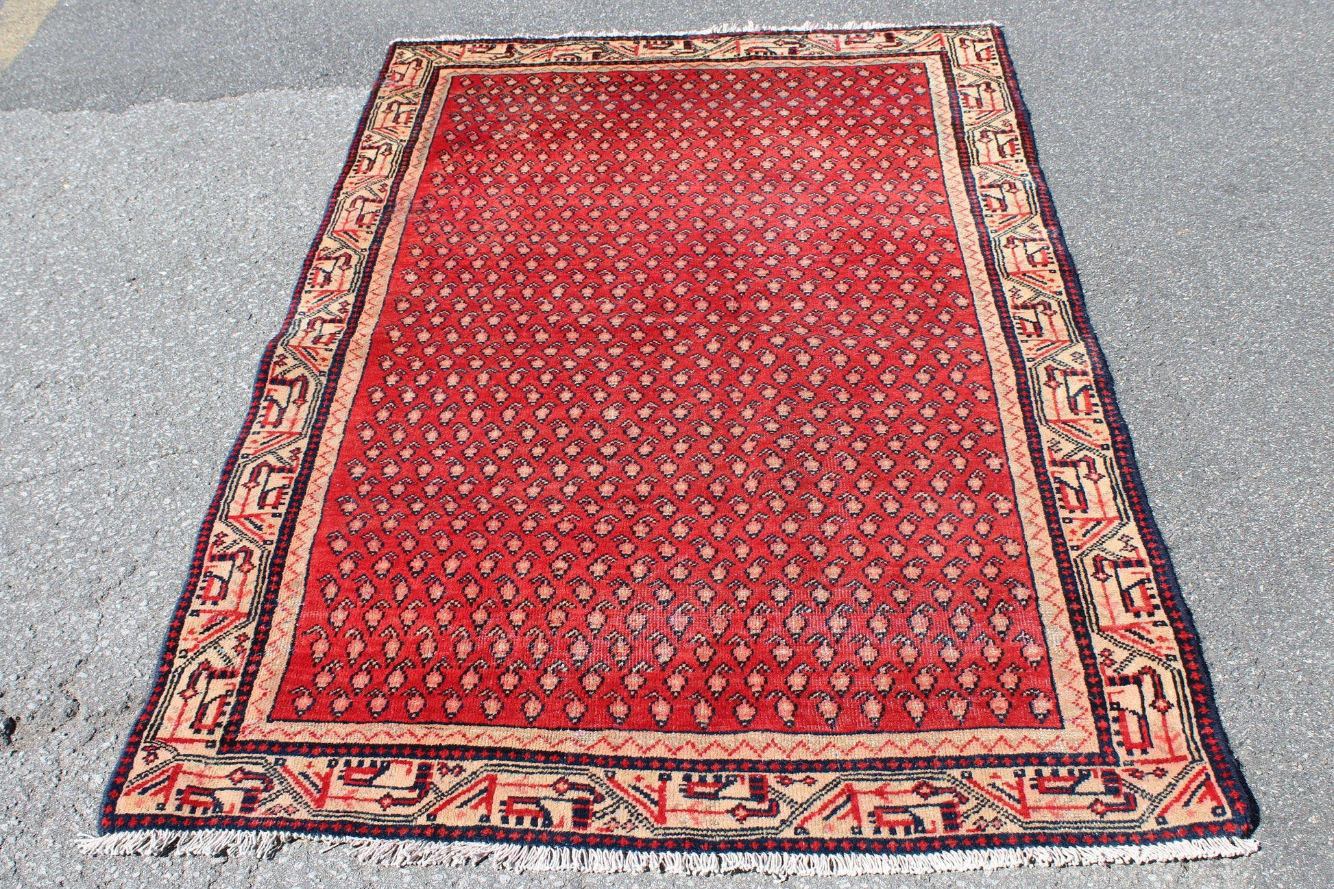 Red 4x6 Rug with Yellow Navy Border | Vintage Hand Knotted Rug