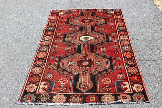 Red & Light Coral Persian Style Vintage Wool Hand Knotted Rug