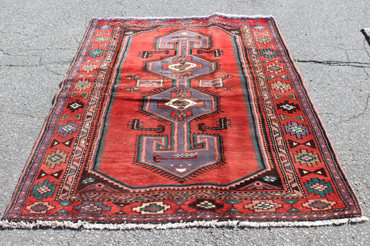 Red Vintage Rug 4 x 7 Runner Rug with Purple Medallion