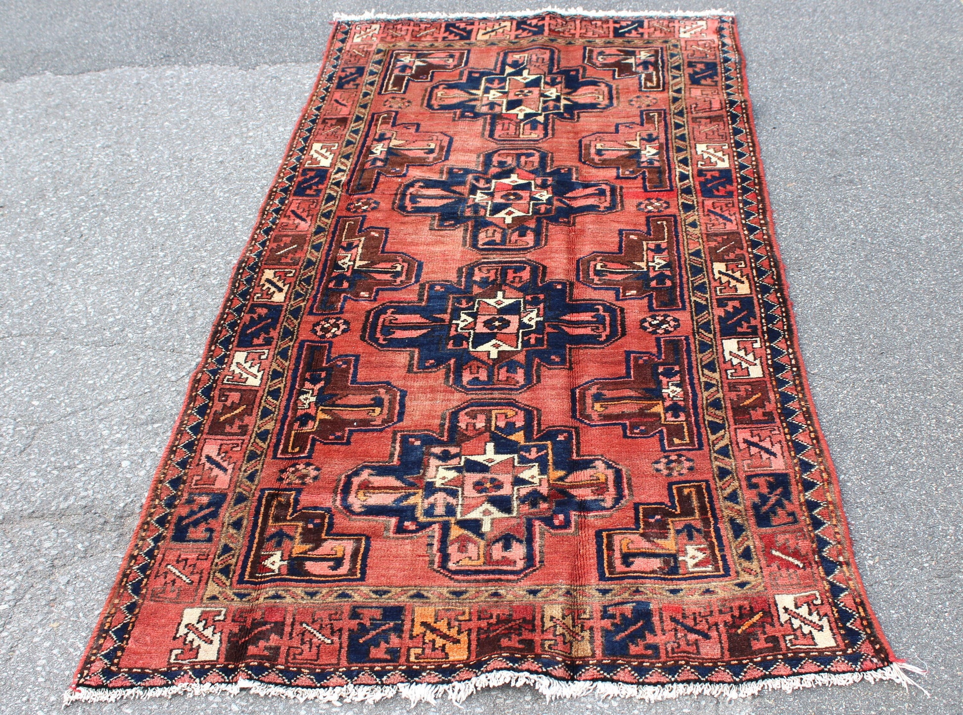 Orange Blue 3x7 Vintage Rug | Tribal Oriental Persian Rug | Kazak Bohemian Rug | Handmade Rug