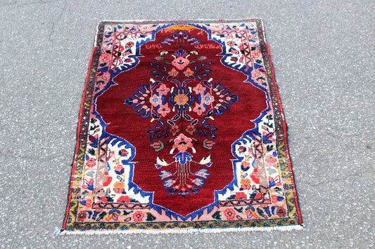 Red Beige 3x4 Vintage Rug | Tribal Oriental Persian Rug | Kazak Bohemian Rug | Handmade Rug