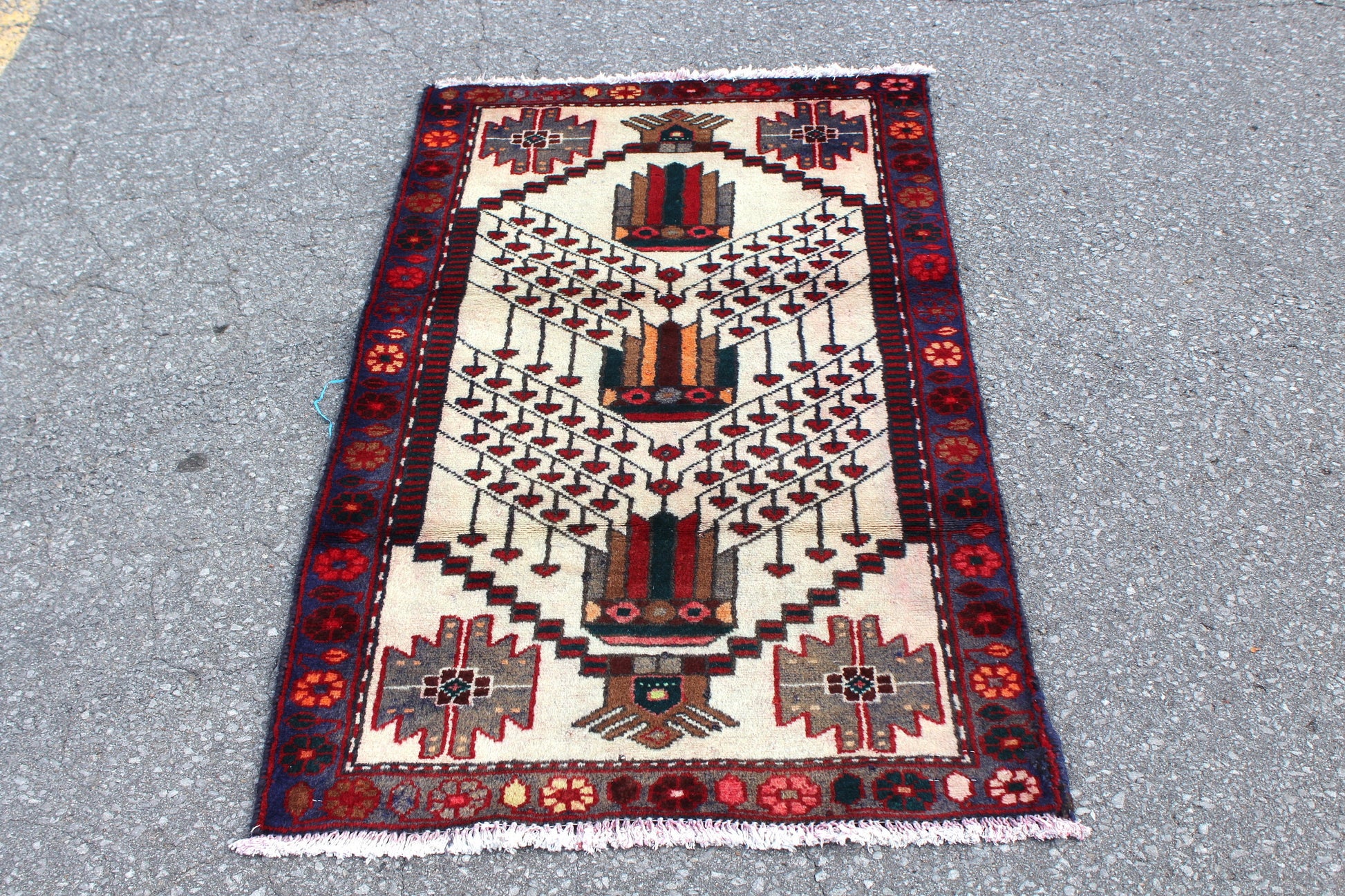 White Red 3x4 Vintage Tribal Handmade Rug