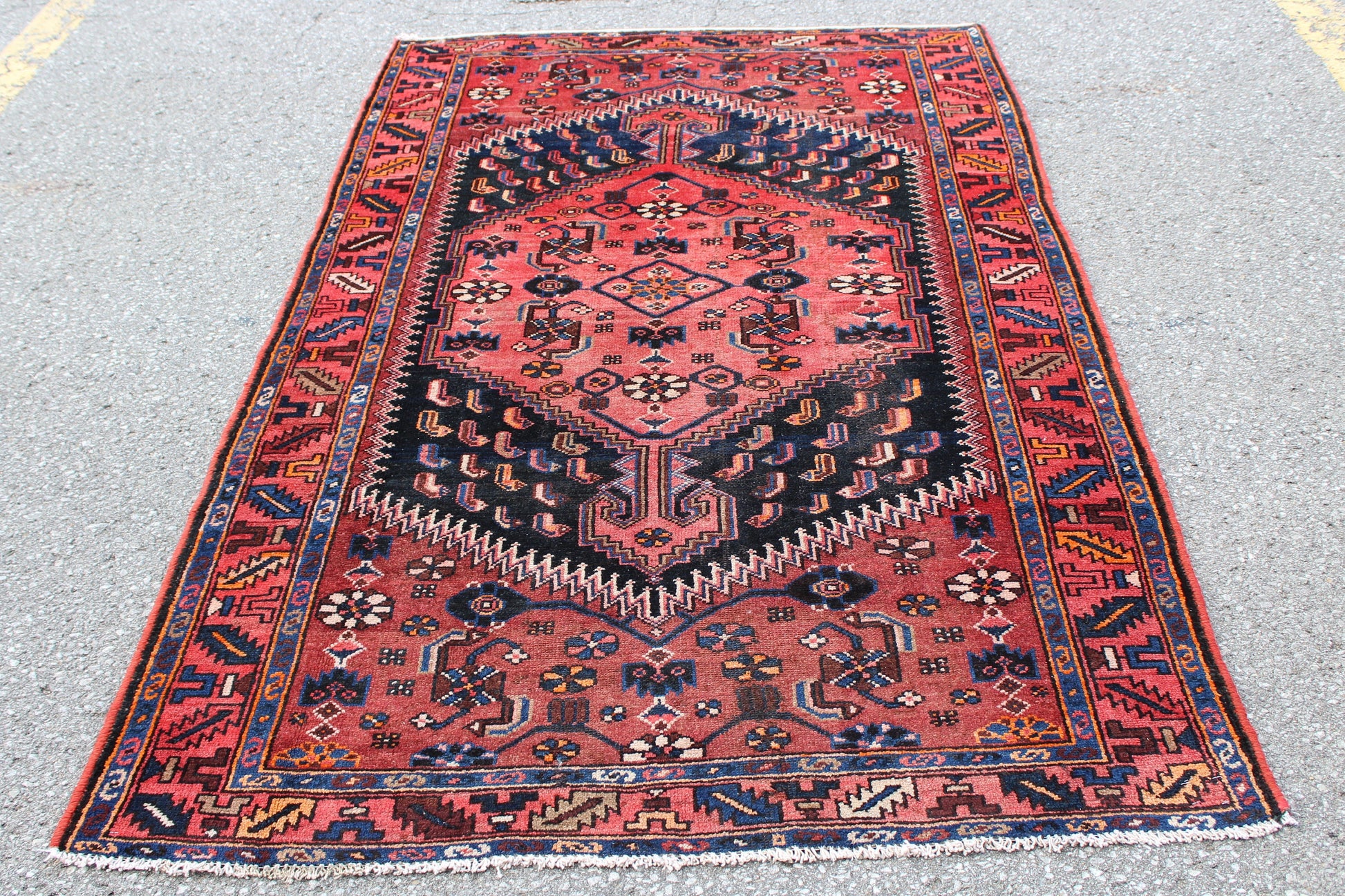 Red Black 4x7 Vintage Hand Knotted Rug