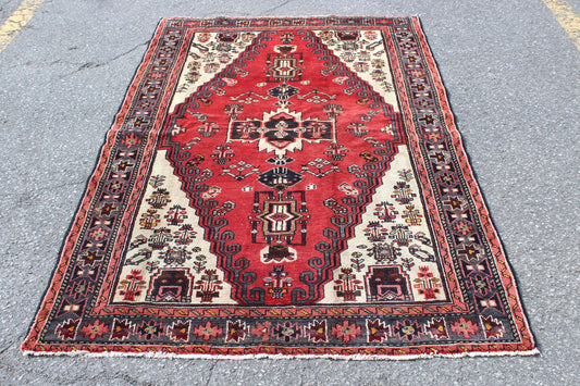 Red White 4x7 Vintage Tribal Oriental Persian Handmade Rug