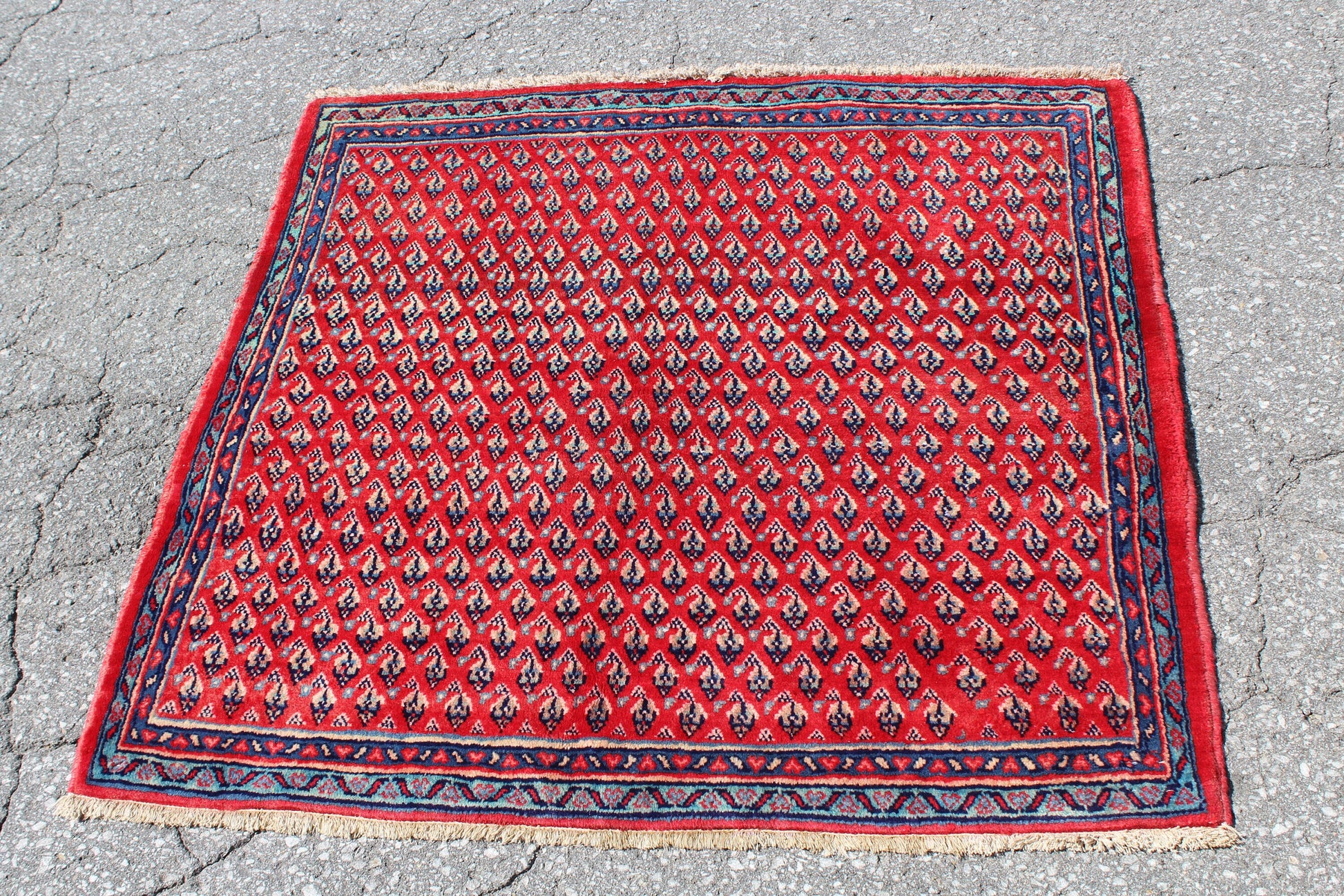 Red Blue 4x4 Vintage Tribal Wool Area Rug