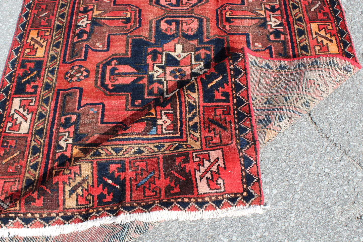 Red Blue 4x7 Vintage Hand Knotted Rug
