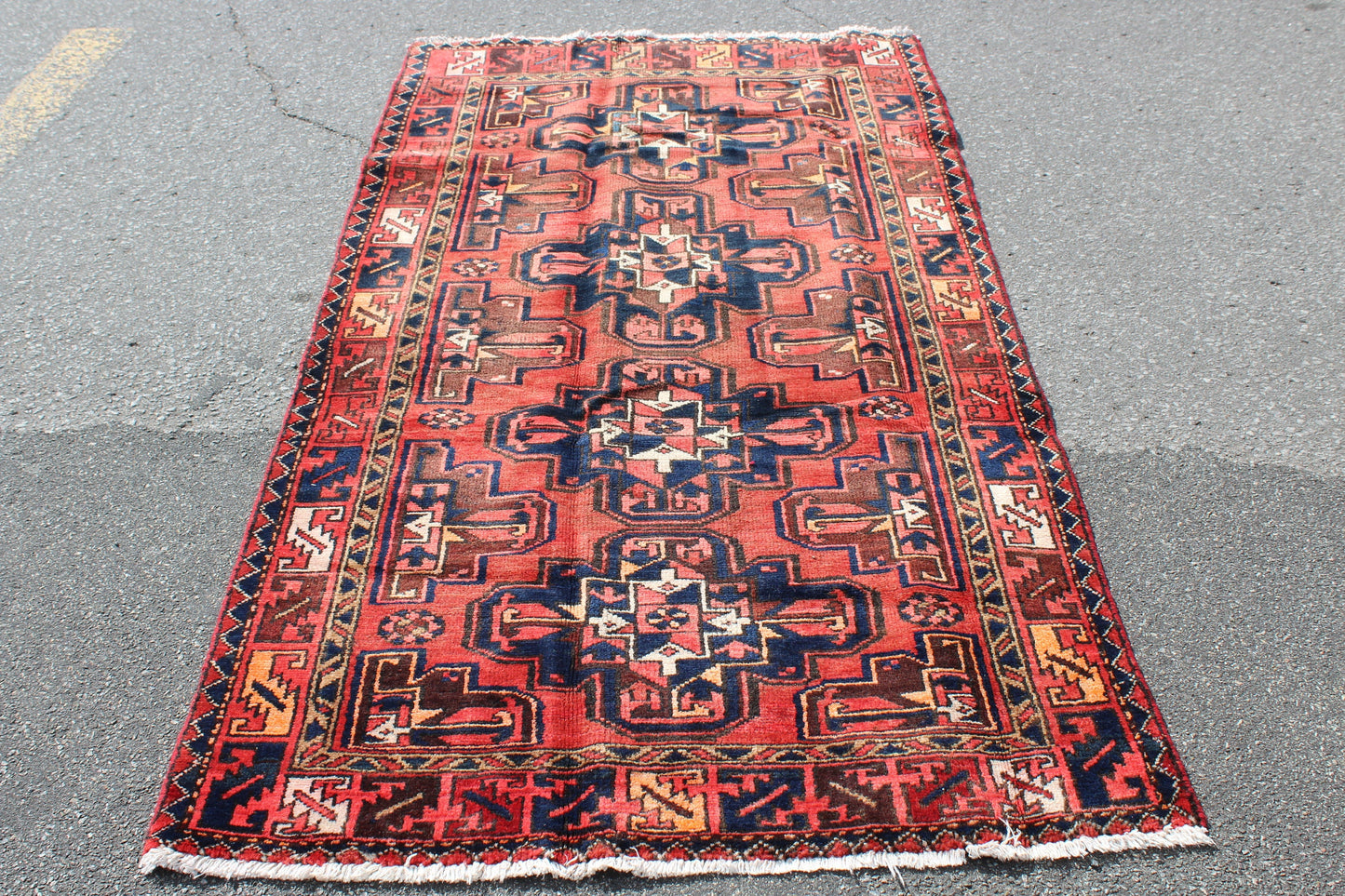 Red Blue 4x7 Vintage Hand Knotted Rug