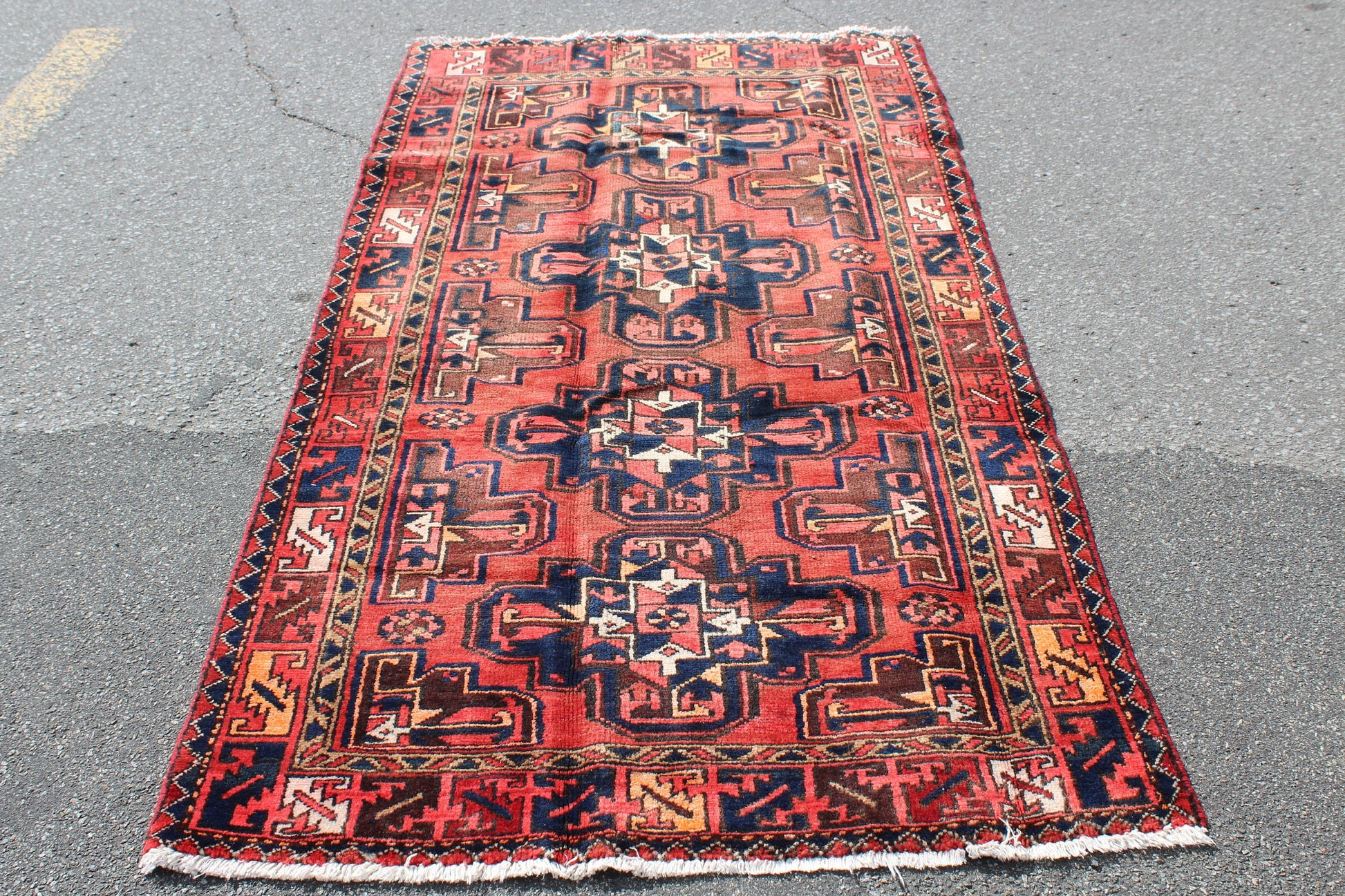 Red Blue 4x7 Vintage Hand Knotted Rug