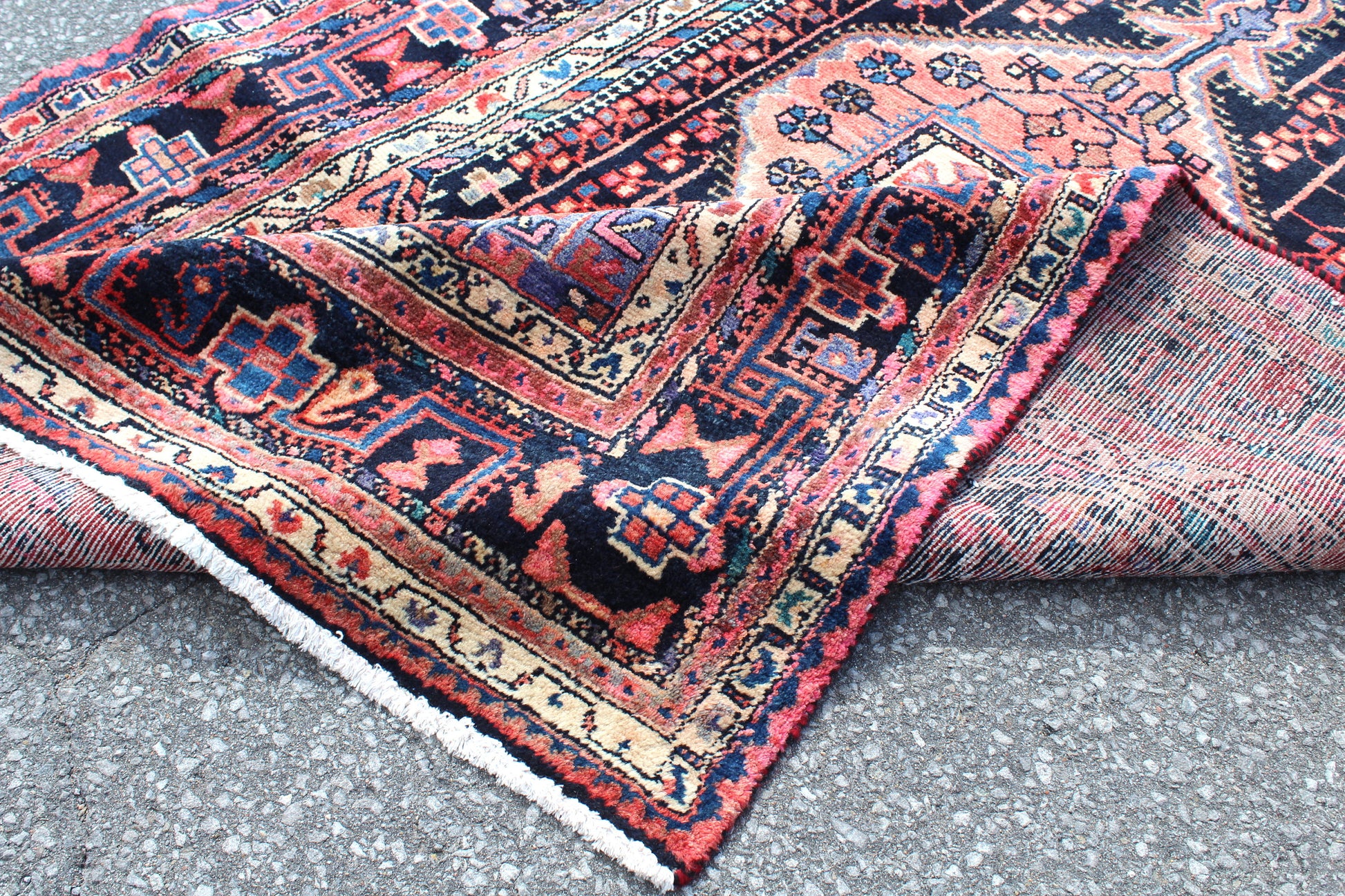 Orange Pink Navy Blue 4x7 Vintage Wool Area Rug