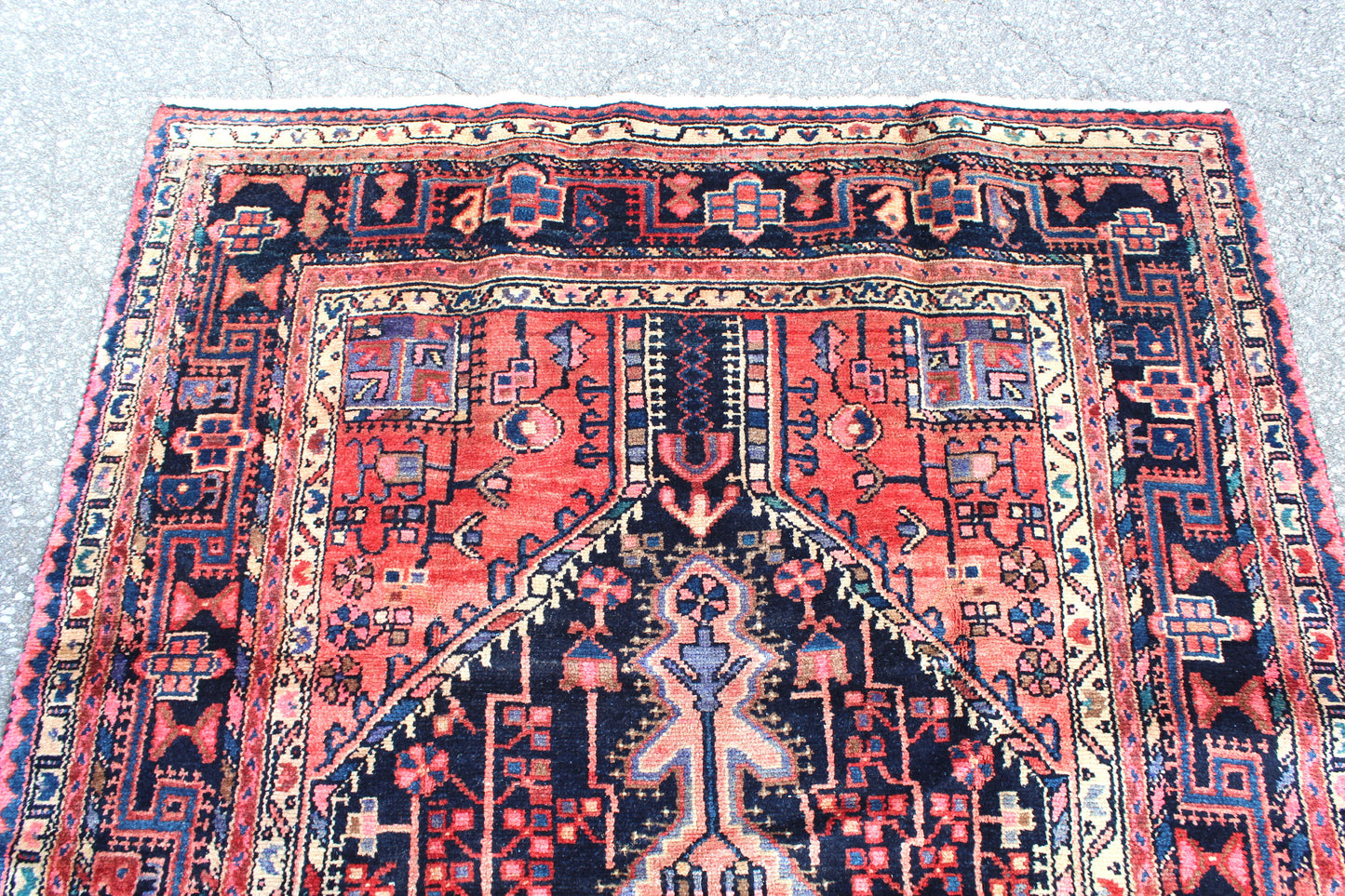Orange Pink Navy Blue 4x7 Vintage Wool Area Rug