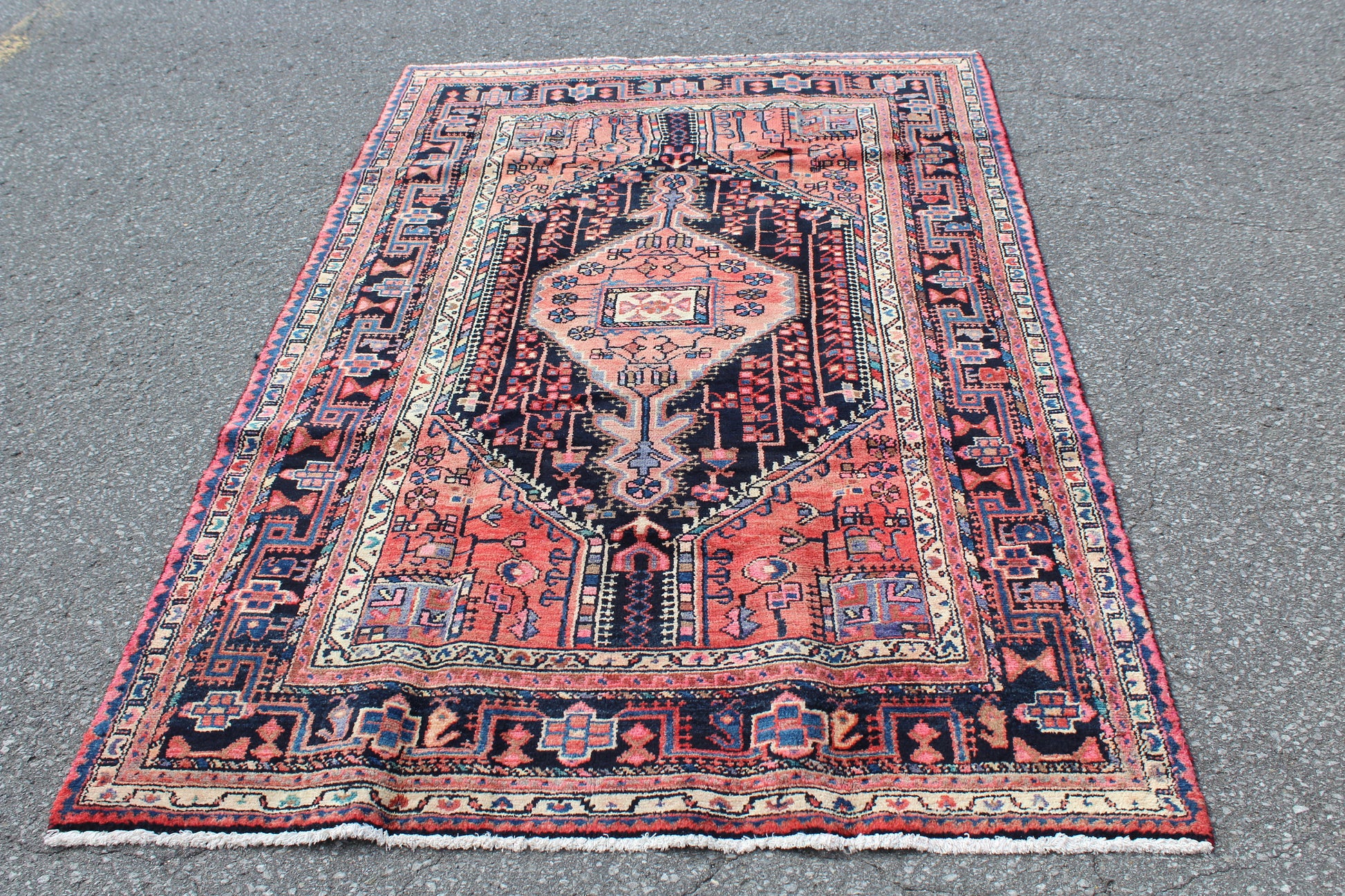 Orange Pink Navy Blue 4x7 Vintage Wool Area Rug