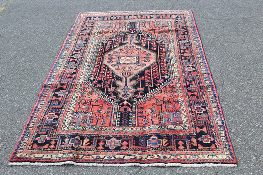 Orange Pink Navy Blue 4x7 Vintage Wool Area Rug