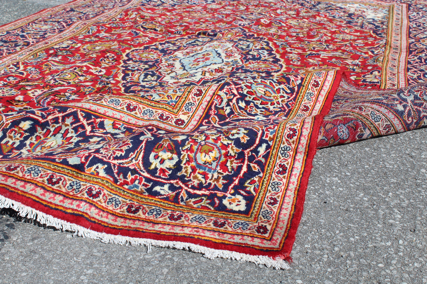 Red Blue 7x11 Vintage Hand Knotted Rug