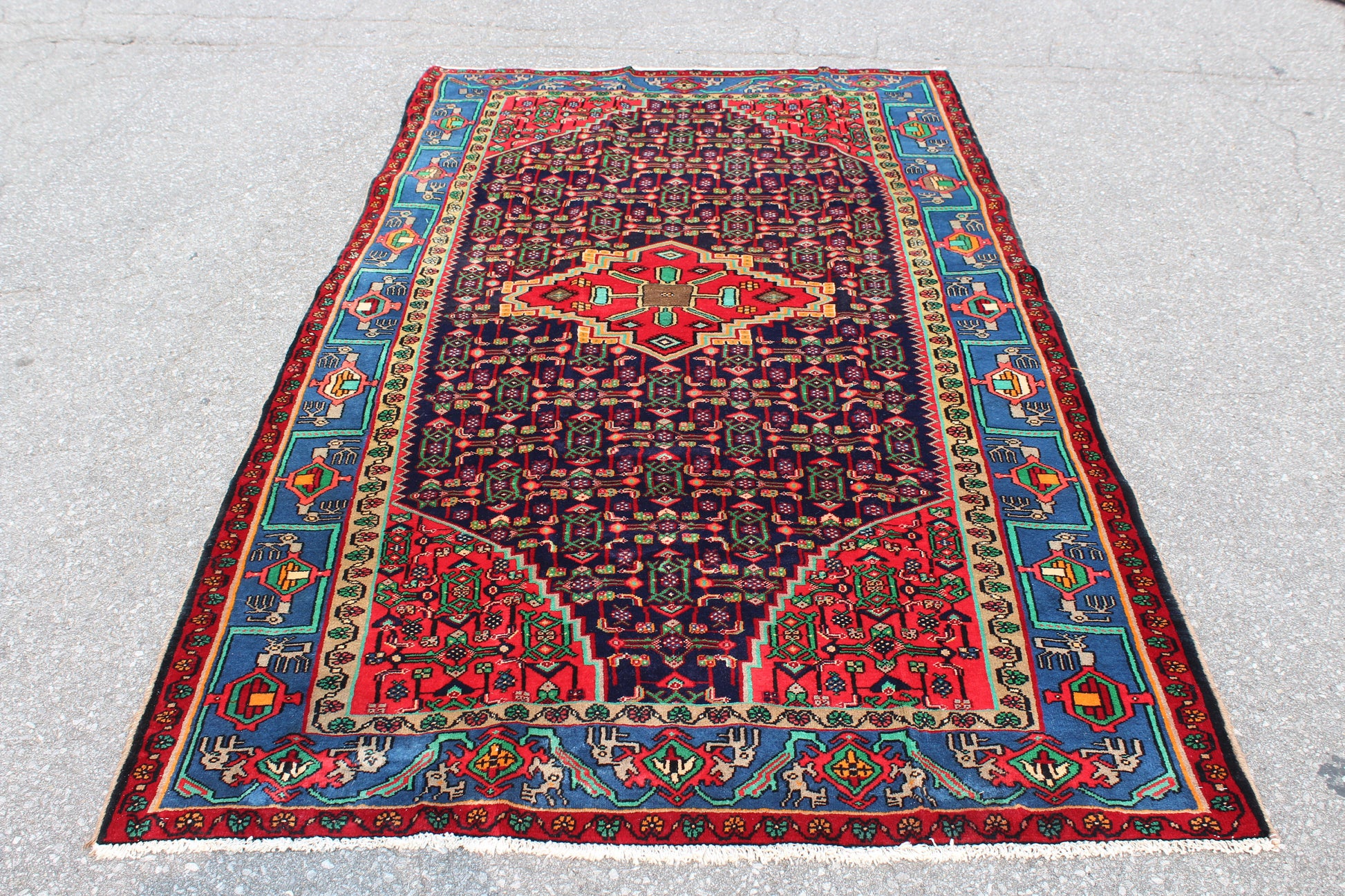 Blue Pink 4x8  Vintage Rug | Tribal Oriental Persian Rug | Kazak Bohemian Rug | Handmade Rug