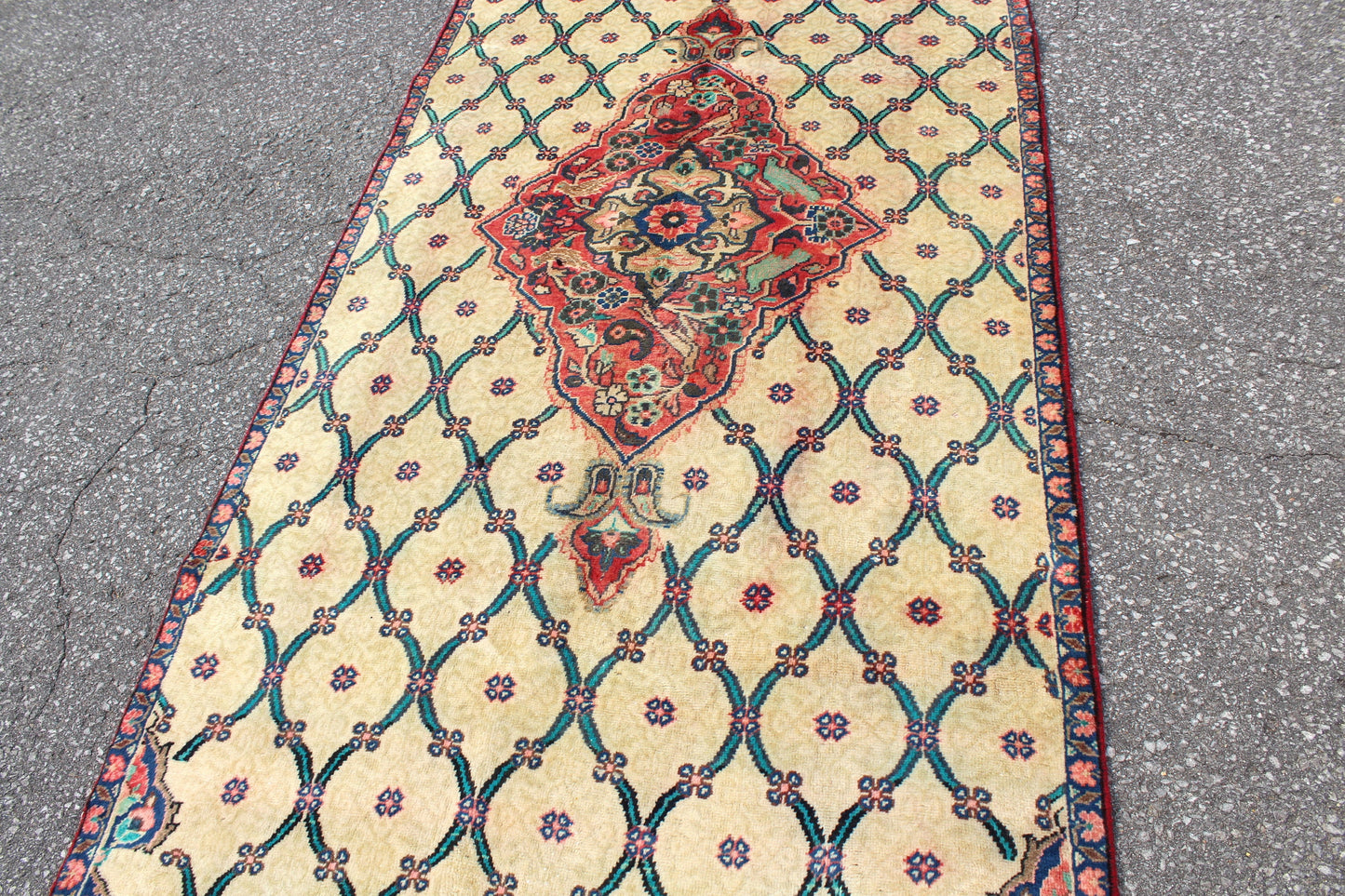 Beige Navy Blue 4x8 Vintage Hand Knotted Rug