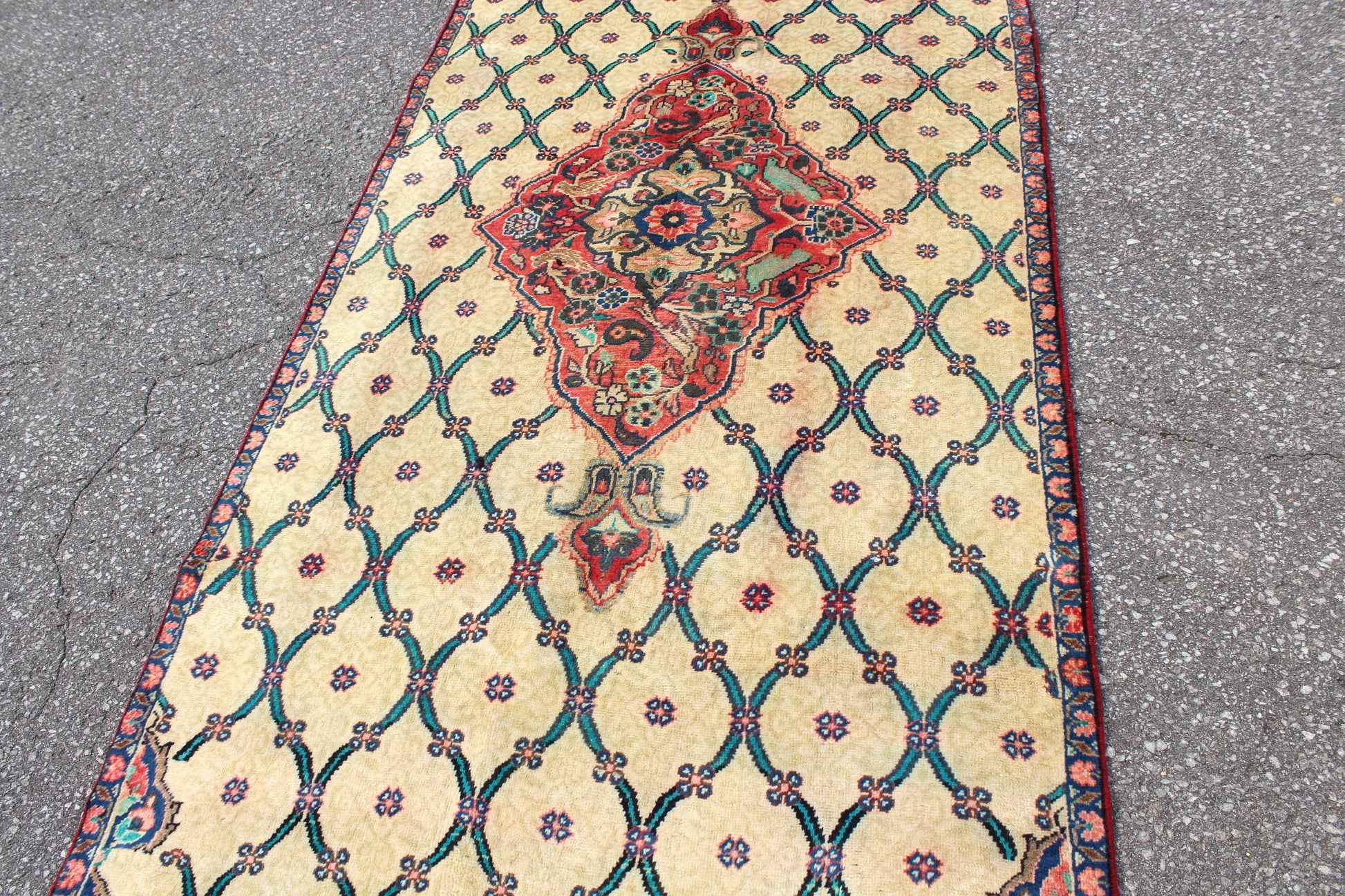 Beige Navy Blue 4x8 Vintage Hand Knotted Rug