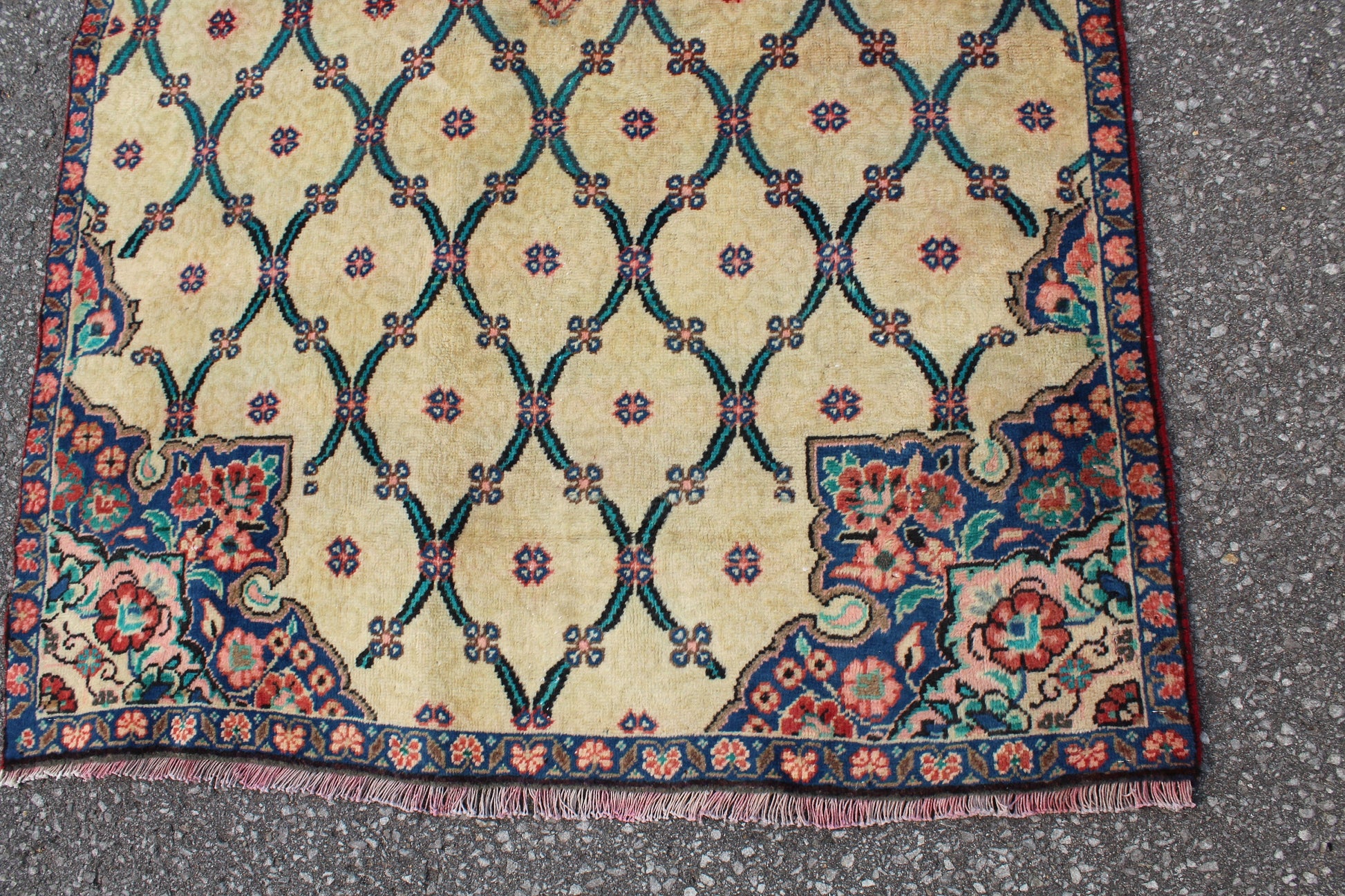Beige Navy Blue 4x8 Vintage Hand Knotted Rug