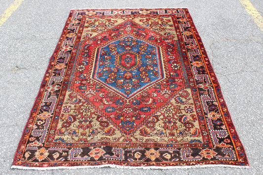 Red Blue 4x6 Vintage Rug | Tribal Oriental Persian Rug | Kazak Bohemian Rug | Handmade Rug