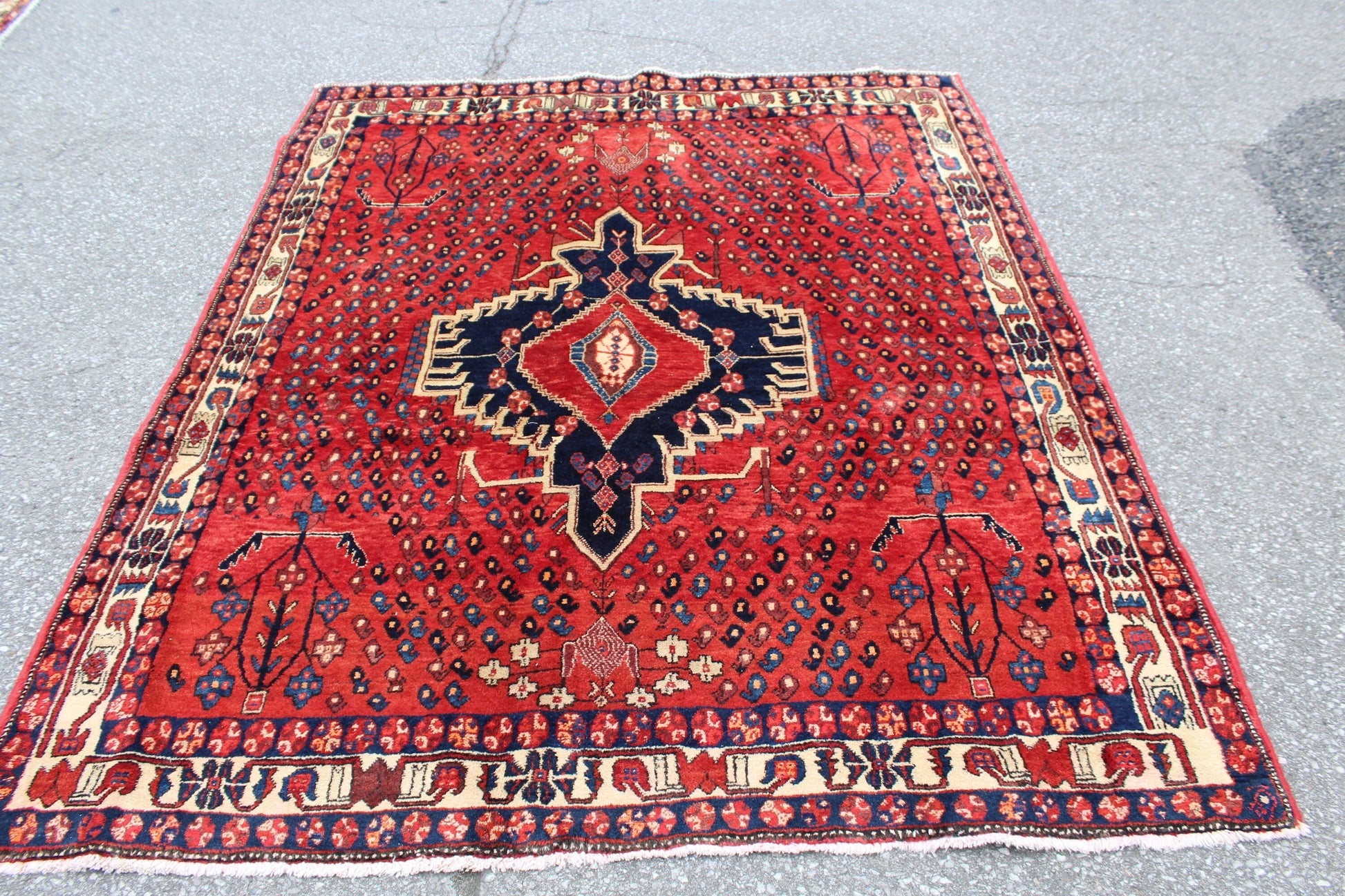 Red Blue 4x6 Vintage Tribal Hand Knotted Rug