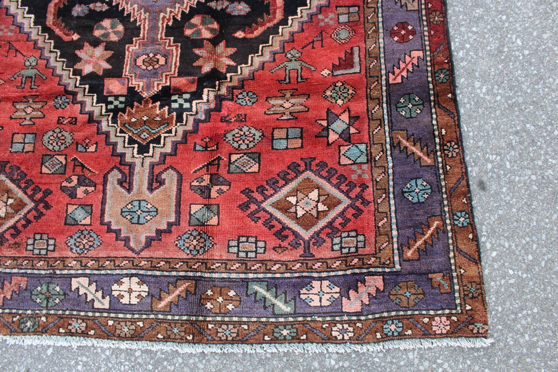 Red Blue 3x5 Vintage Handmade rug with Large Black Medallion