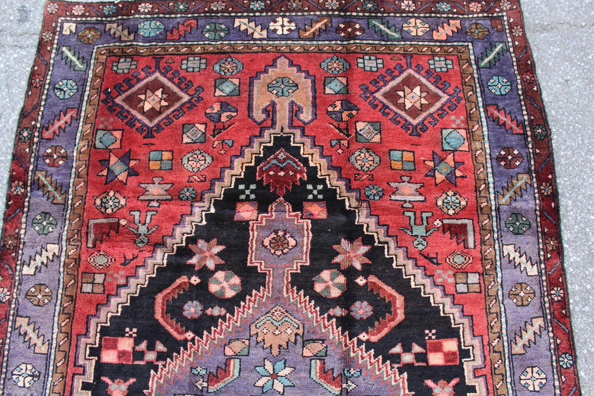 Red Blue 3x5 Vintage Handmade rug with Large Black Medallion