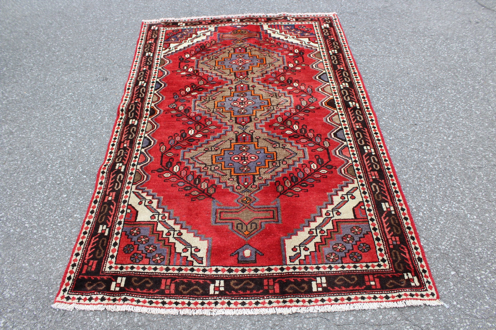 Red Beige 4x7 Vintage Rug | Tribal Oriental Persian Rug | Kazak Bohemian Rug | Handmade Rug