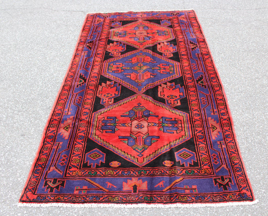 Red Blue 4x8 Vintage Rug | Tribal Oriental Persian Rug | Kazak Bohemian Rug | Handmade Rug