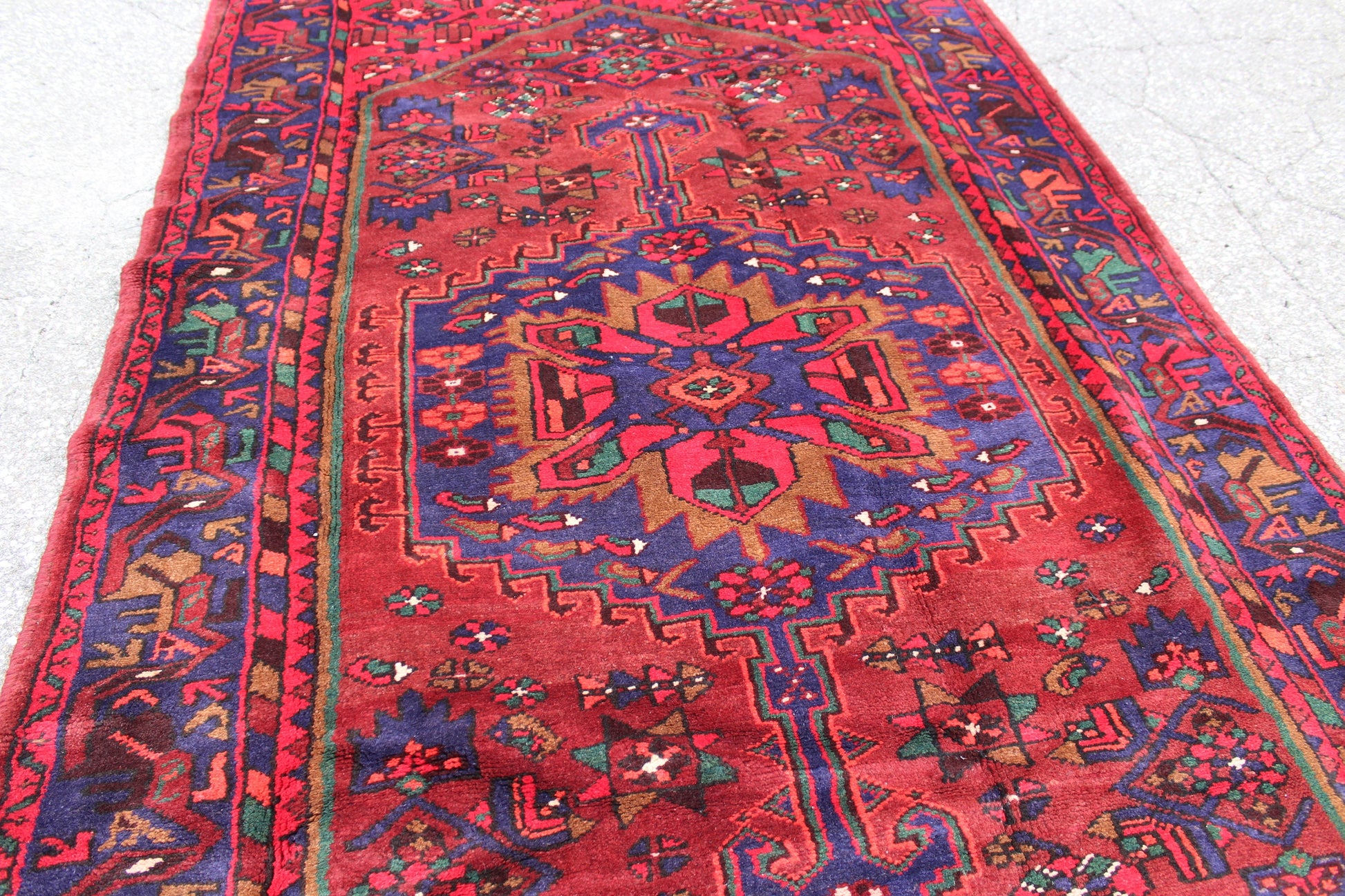 Red Blue 4x8 Vintage Rug | Tribal Oriental Persian Rug | Kazak Bohemian Rug | Handmade Rug