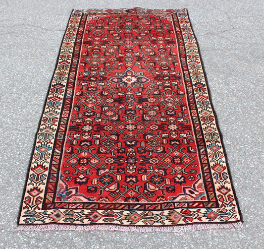 Red 3x7 Vintage Oriental Rug with Turquoise Navy Floral