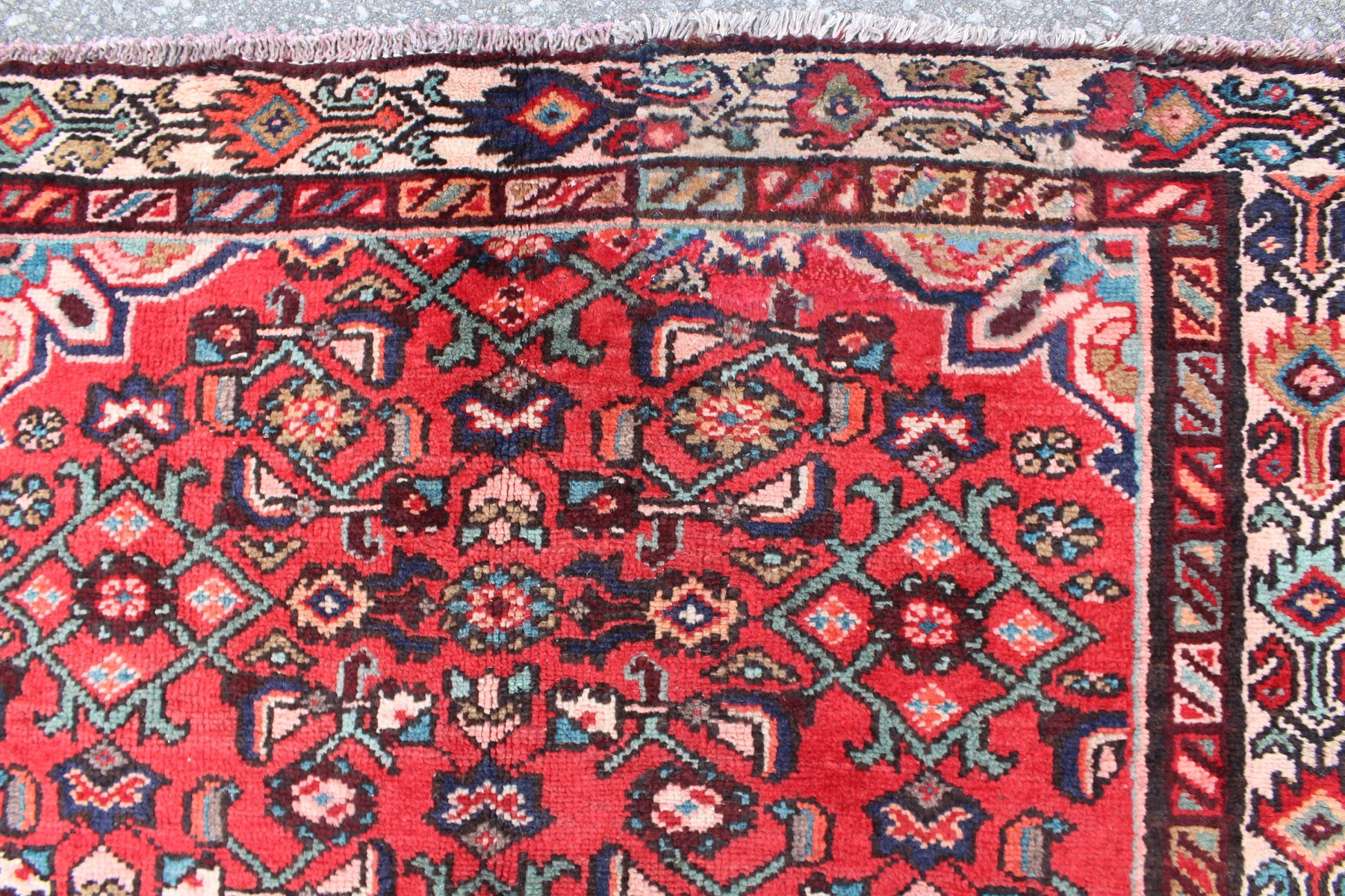 Red 3x7 Vintage Oriental Rug with Turquoise Navy Floral