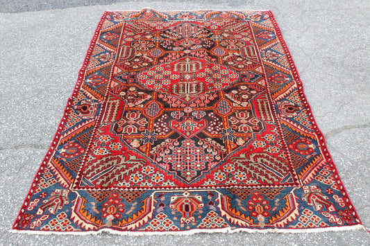 Red Blue 4x7  Vintage Rug | Tribal Oriental Persian Rug | Kazak Bohemian Rug | Handmade Rug | Multi Color Rug