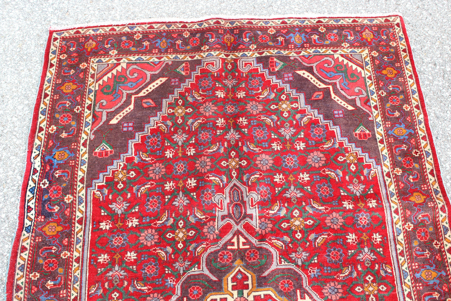 Rug 3'5" x 5'5" Red with Blue Vintage Accents Handmade Rug