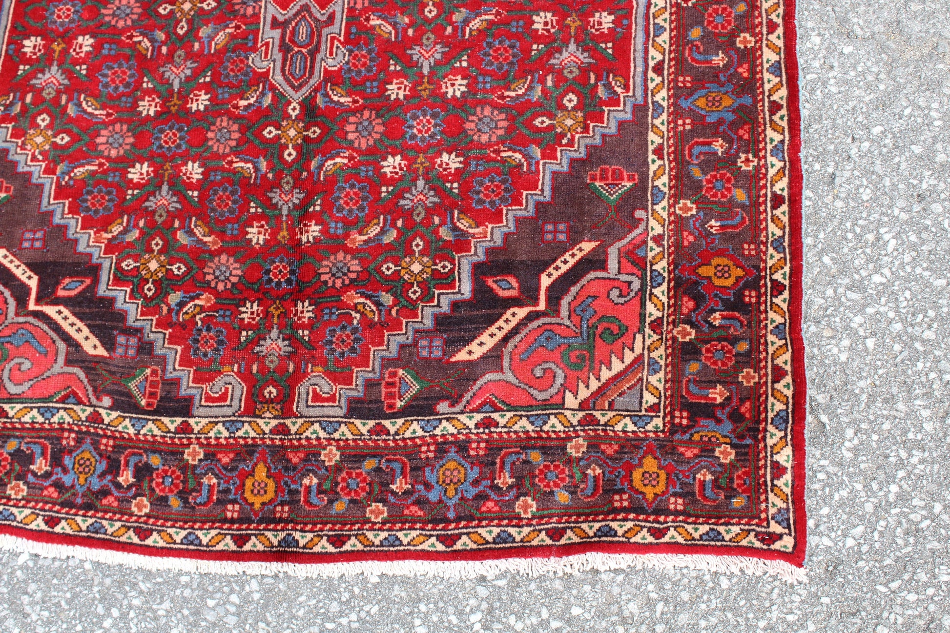 Rug 3'5" x 5'5" Red with Blue Vintage Accents Handmade Rug