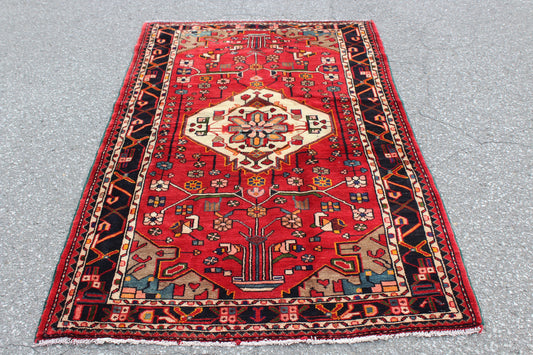 Red 4x6 Vintage Rug | Tribal Oriental Persian Rug | Kazak Bohemian Rug | Handmade Rug