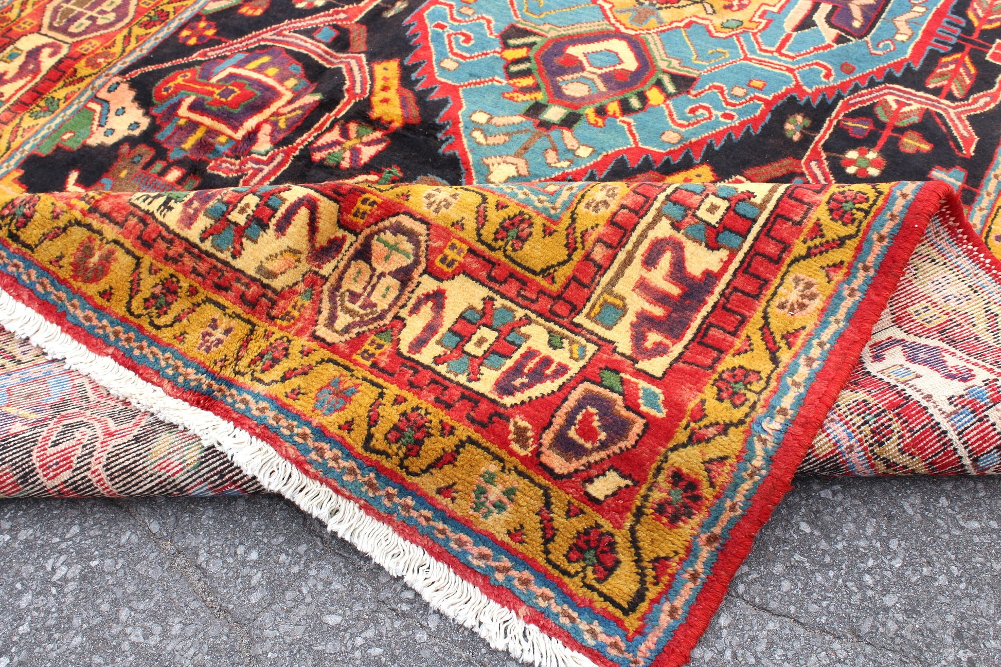 Navy Blue Vintage Rug 5x9 feet with Bright Yellow Orange Border