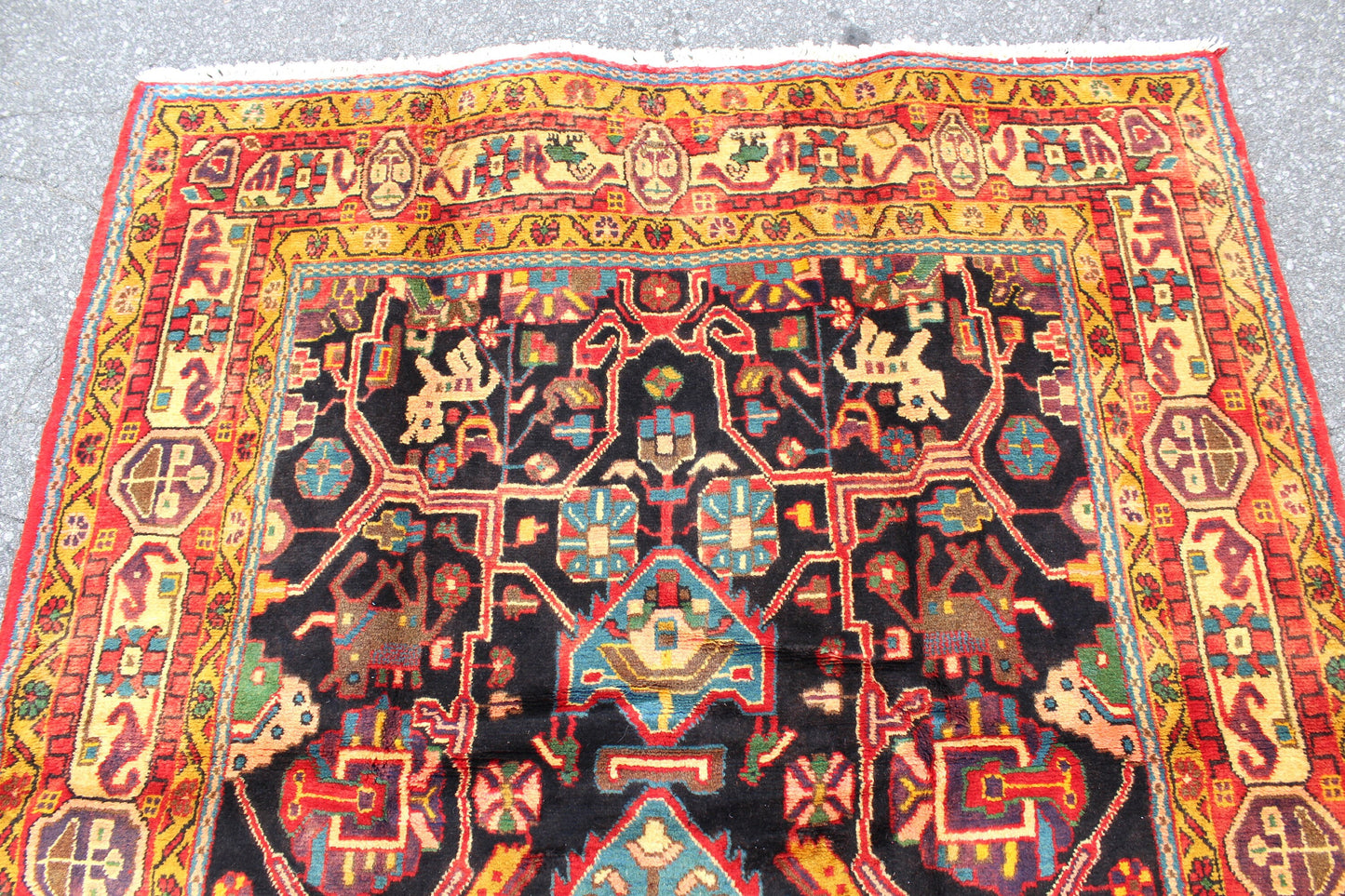 Navy Blue Vintage Rug 5x9 feet with Bright Yellow Orange Border